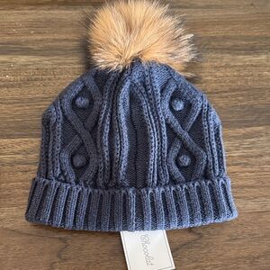 Tartine et Chocolat Navy Cable Knit Beanie with Tan Pom-Pom